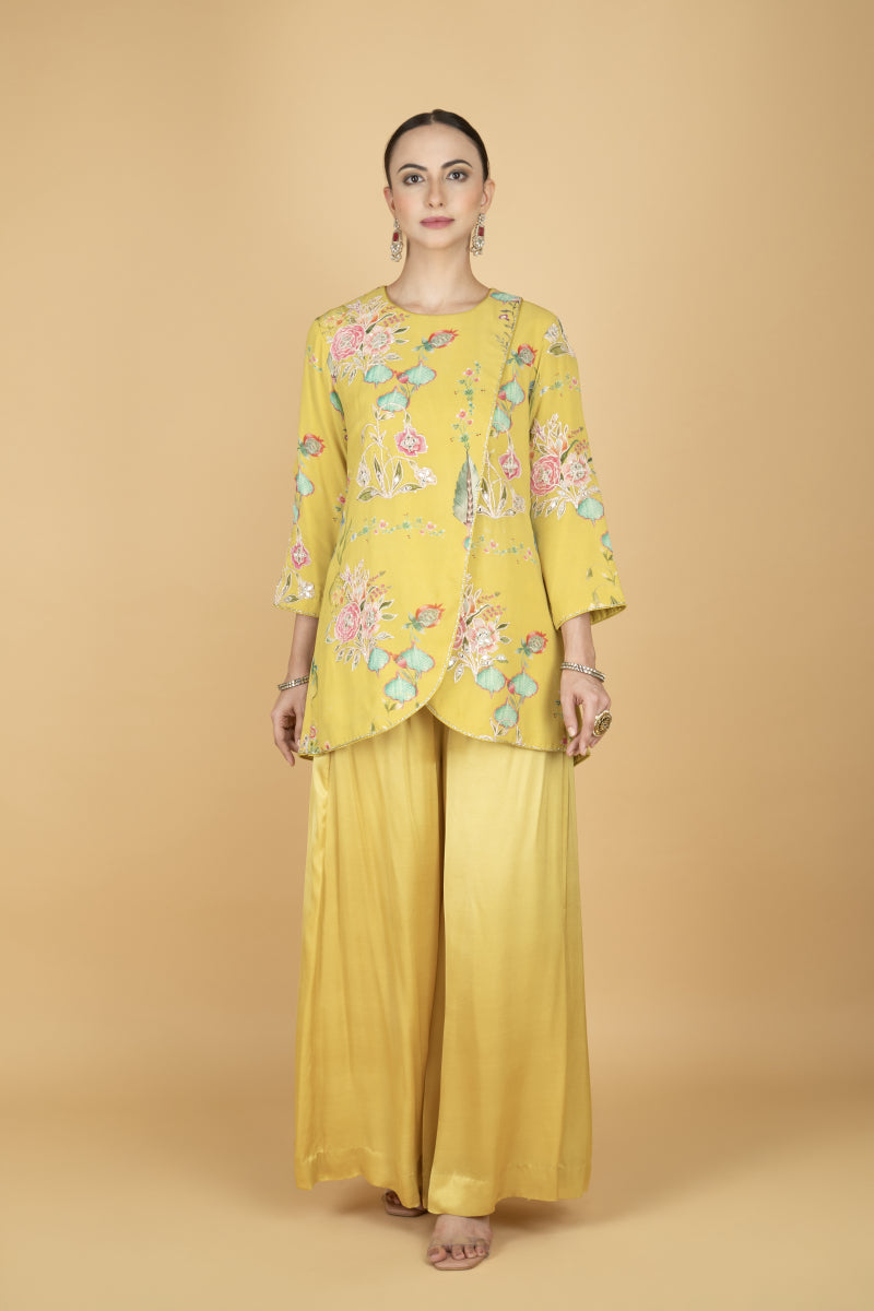 Lemon Yellow Floral Print Embroidered Overlay Top W/Pants