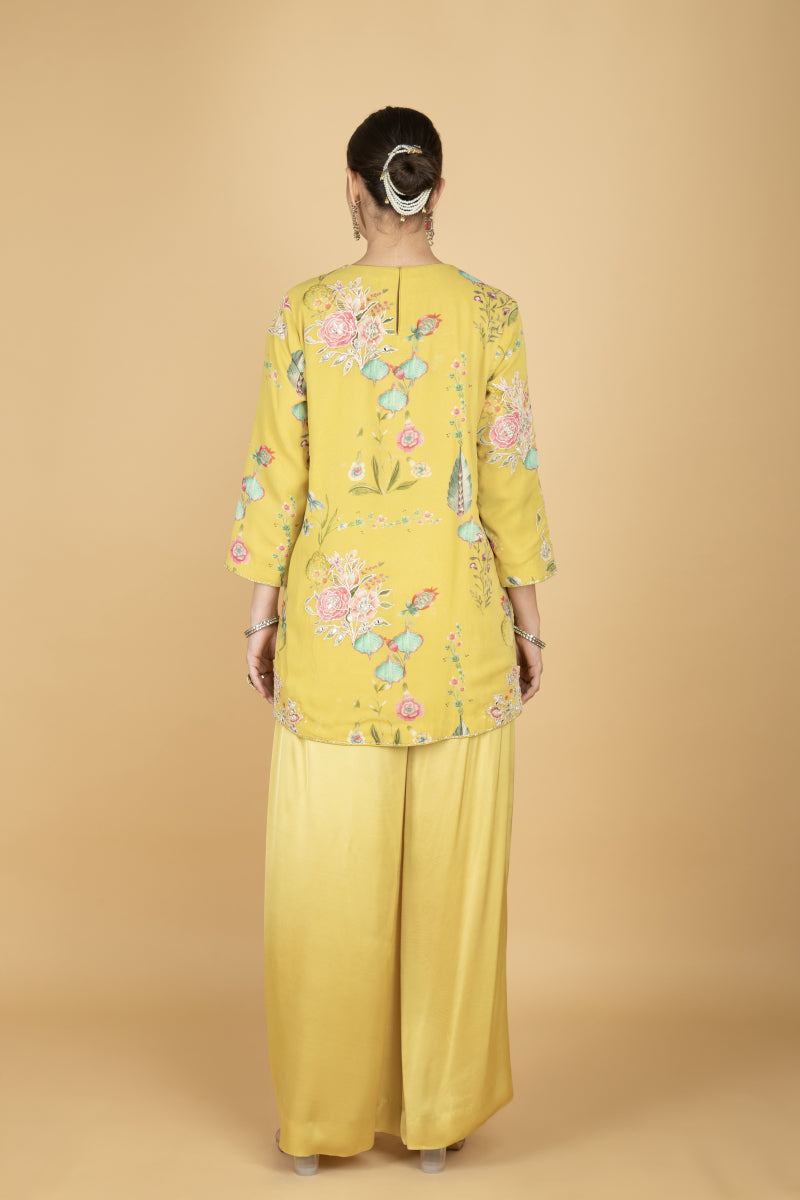 Lemon Yellow Floral Print Embroidered Overlay Top W/Pants