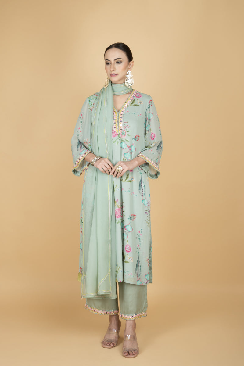Green Floral Print Mirror Embroiderd Kurta With Pants & Dupatta