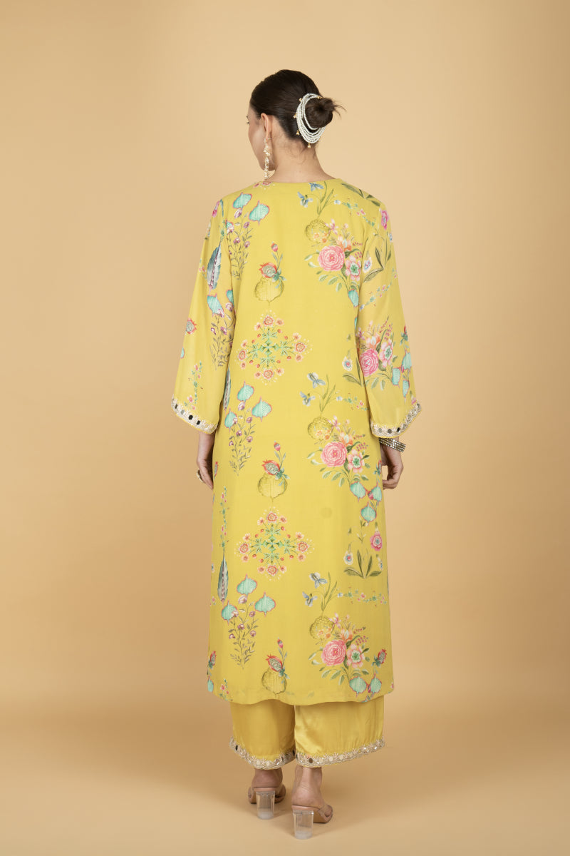 Lemon Yellow Floral Print Mirror Embroidered Kurta With Pants & Dupatta