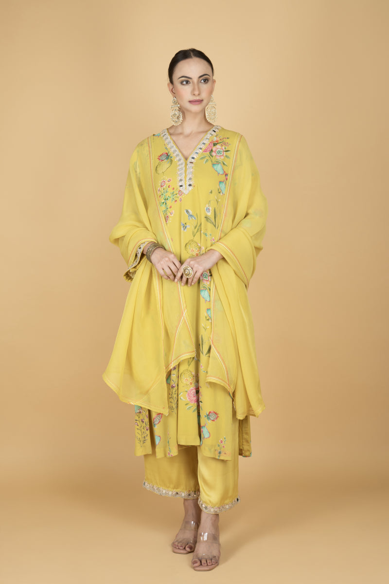 Lemon Yellow Floral Print Mirror Embroidered Kurta With Pants & Dupatta