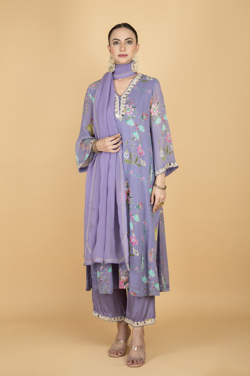 Purple Floral Print Mirror Embroiderd Kurta With Pants & Dupatta