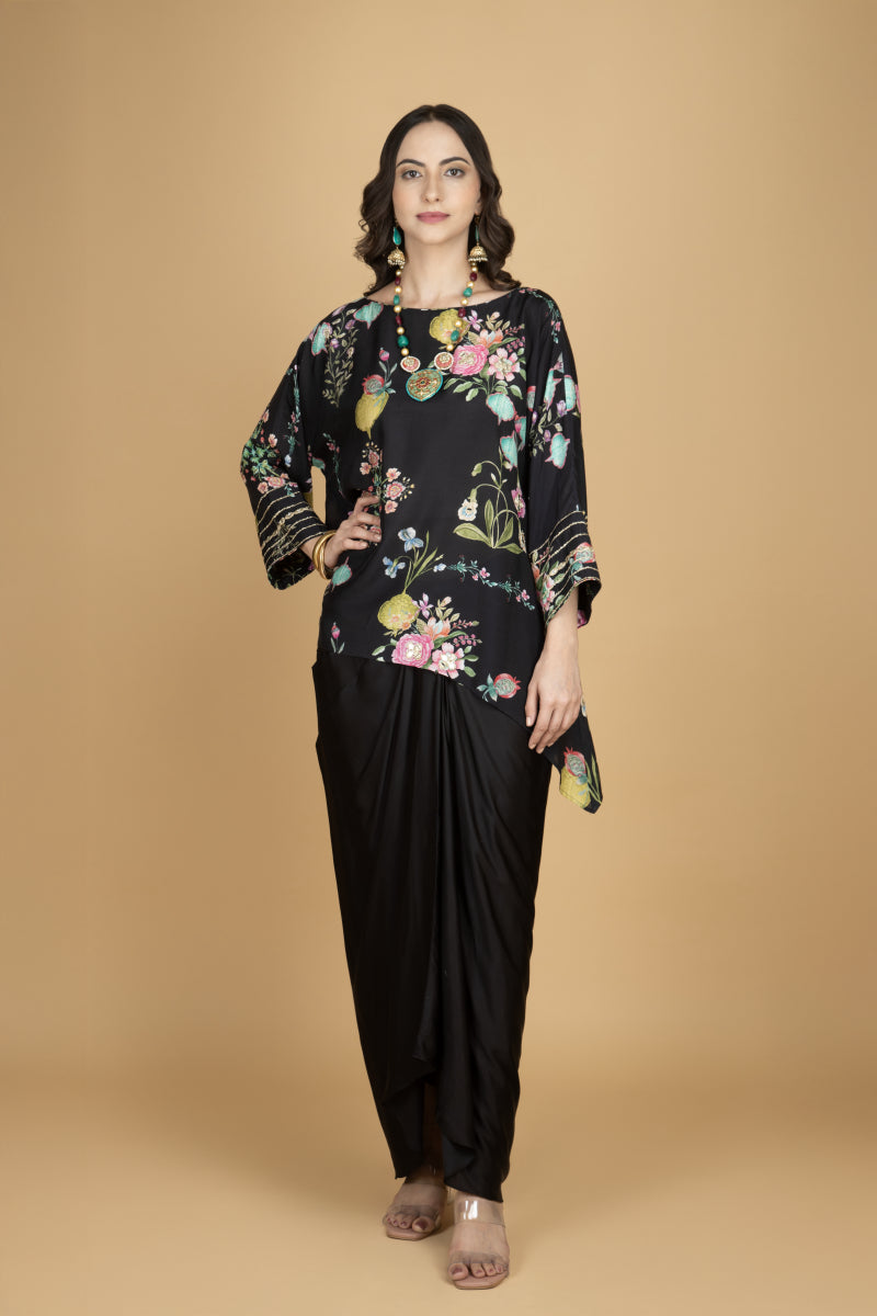 Black Printed Embroidered High Low Top W/Drape Skirt