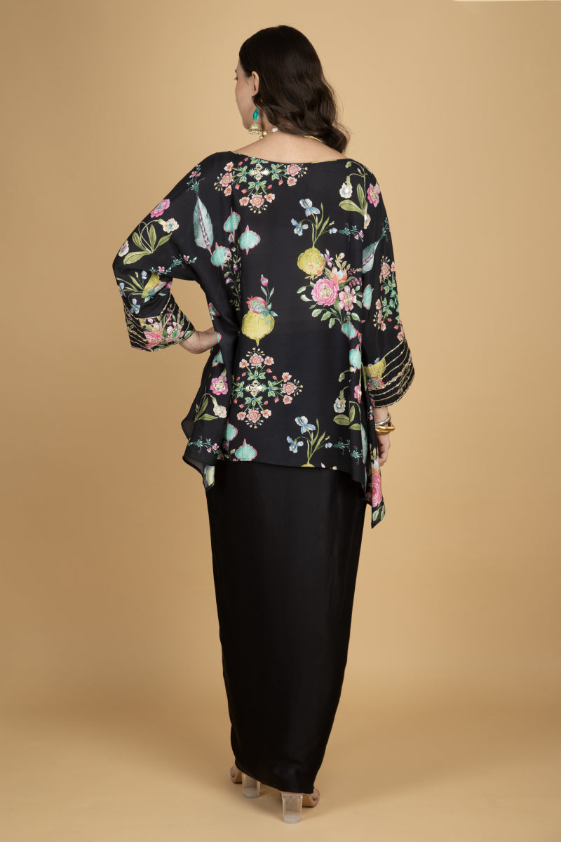 Black Printed Embroidered High Low Top W/Drape Skirt