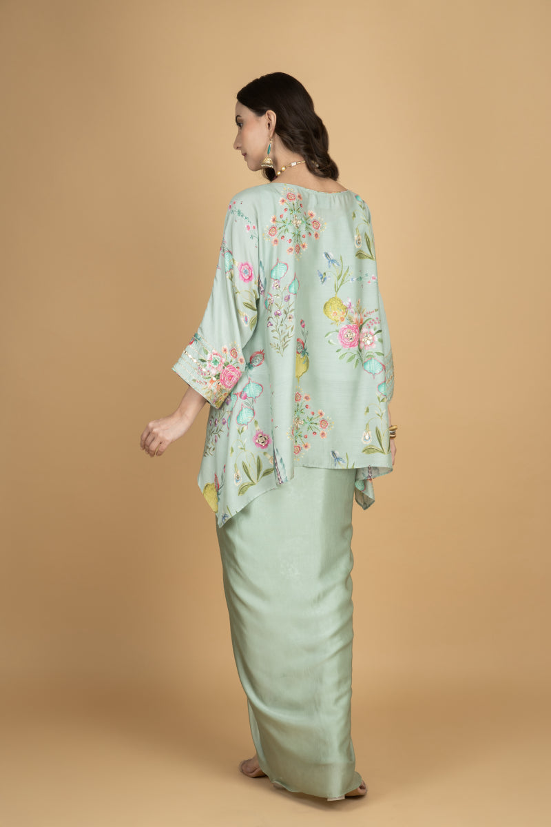 Green Printed Embroidered High Low Top W/Drape Skirt