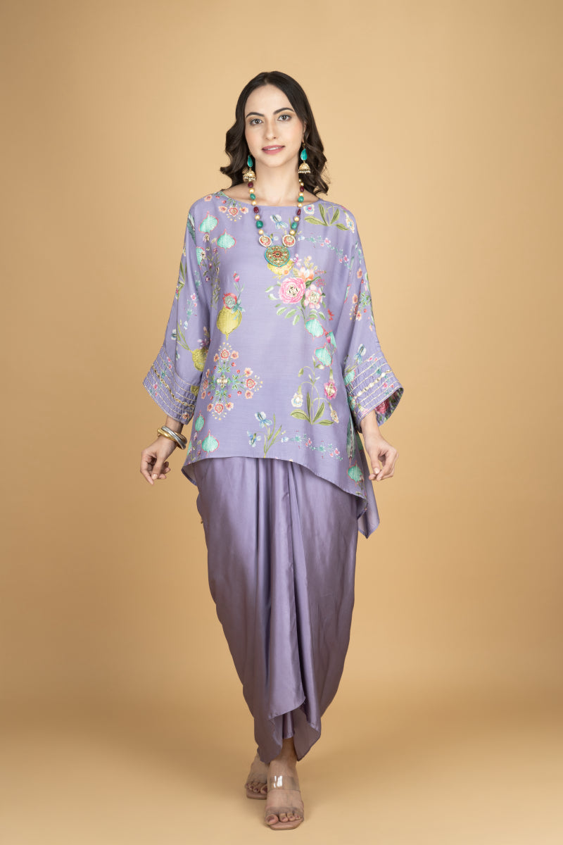 Purple Printed Embroidered High Low Top W/Drape Skirt