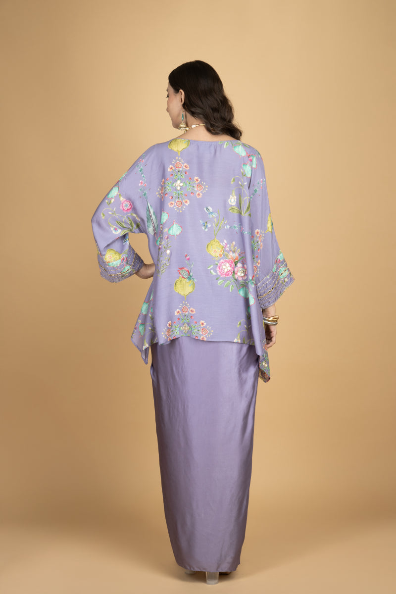 Purple Printed Embroidered High Low Top W/Drape Skirt