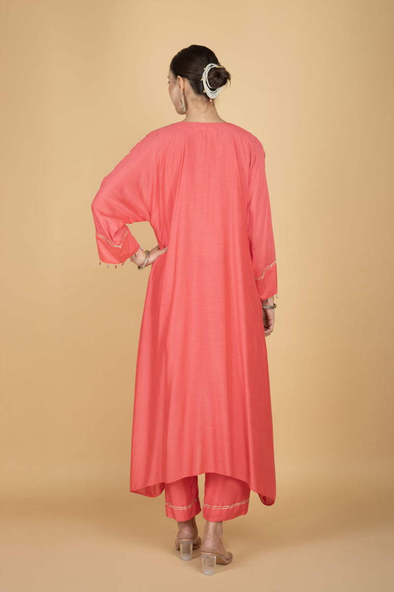 Coral Pink Embroidered Kaftaan Kurta With Pants