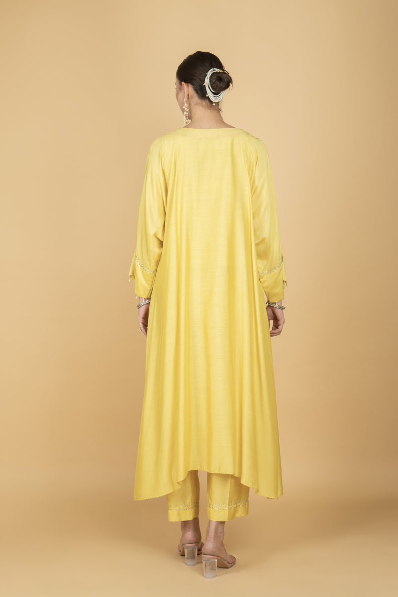 Lemon Yellow Embroidered Kaftaan Kurta With Pants