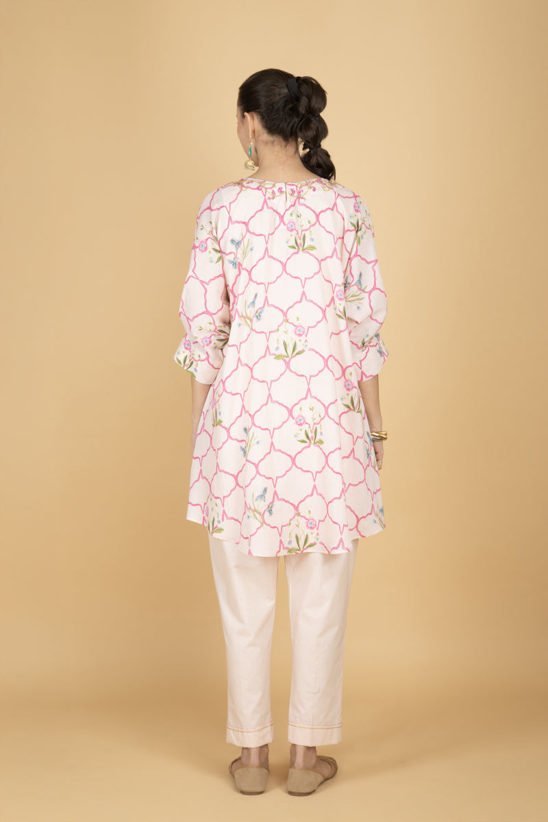 Nude Pink Embroidered Floral Print Short Kurta with Solid Pants