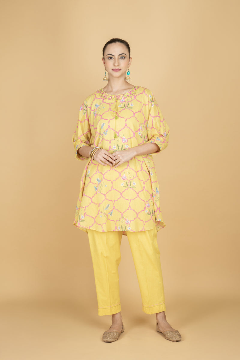 Lemon Yellow Embroidered Floral Print Short Kurta with Solid Pants