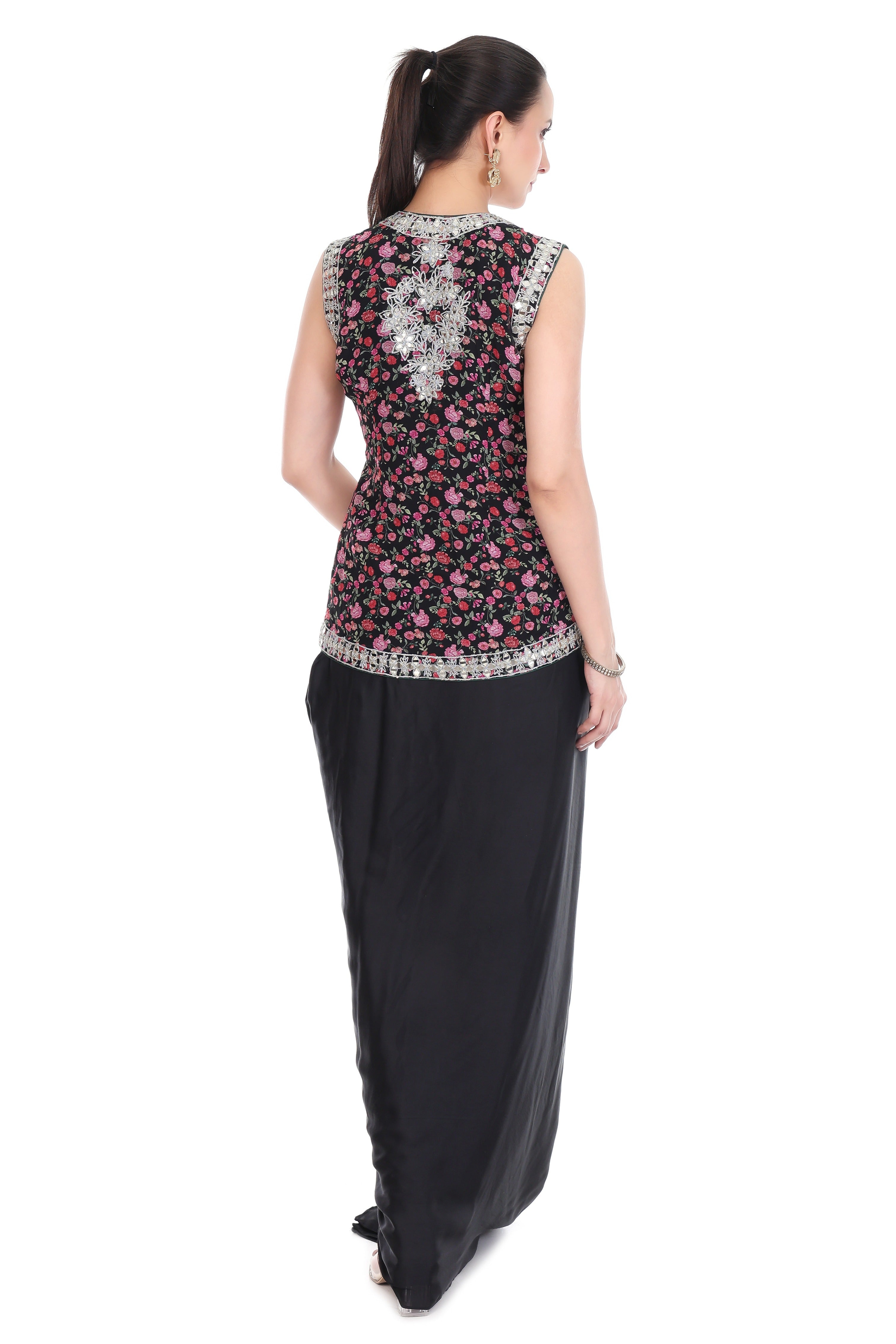 Black Mirror Embroidered Floral Print Jacket with Drape Skirt