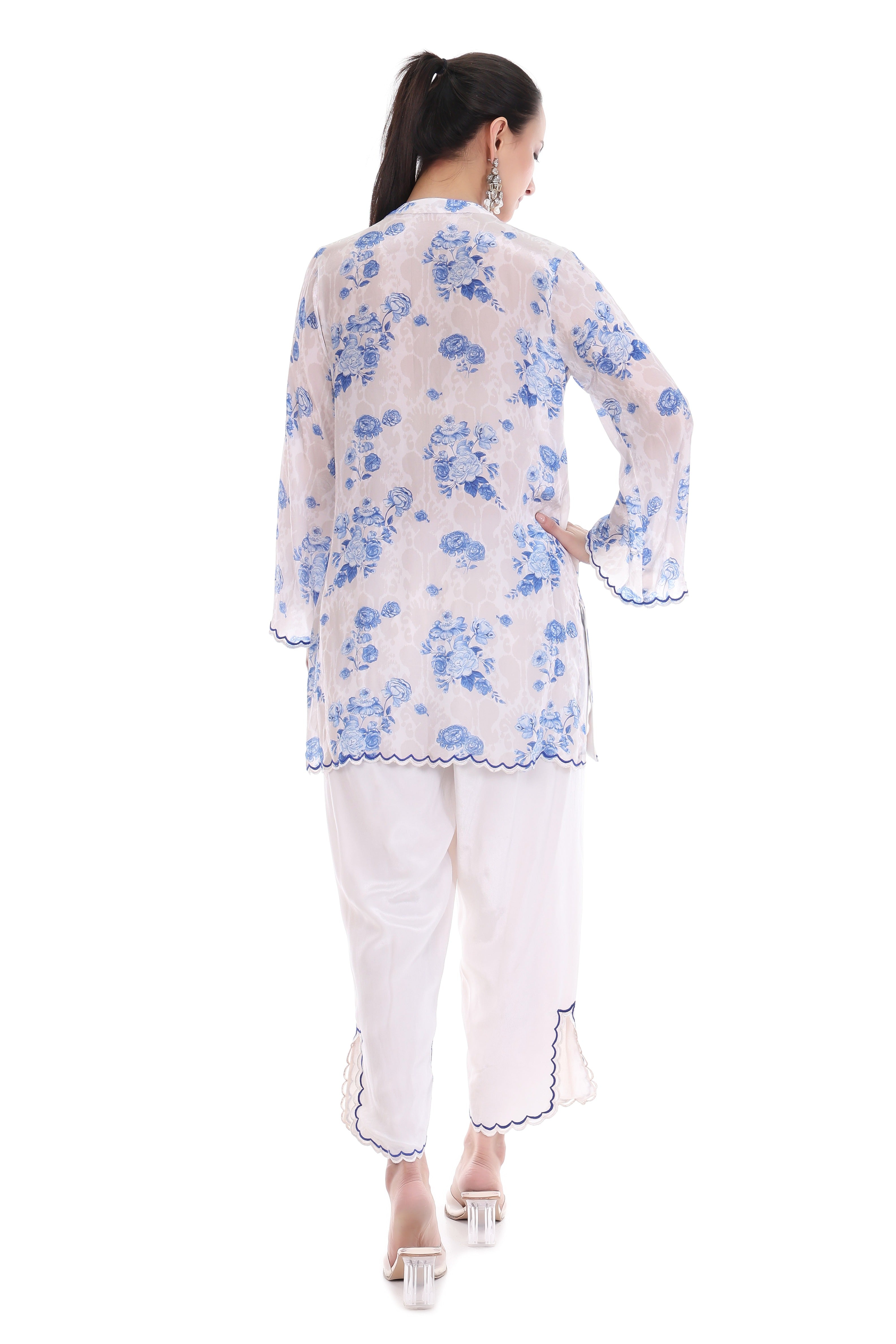 Blue White Floral Printed Cord Set