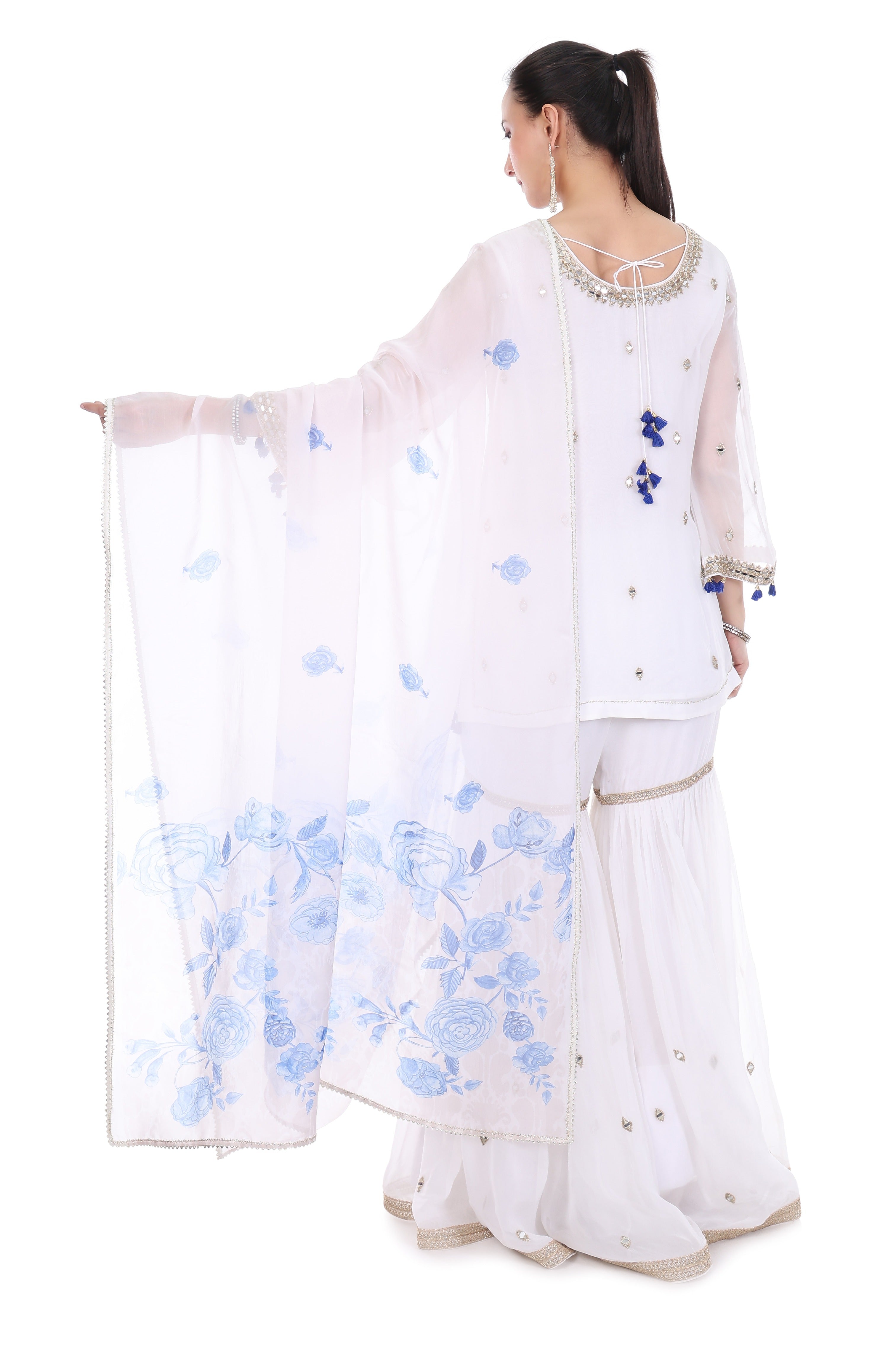 White Short Kurta Mirror Embroidered Sharara & Printed Dupatta