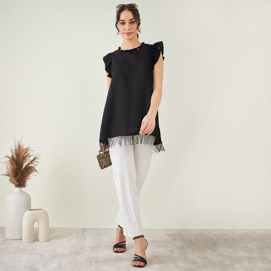 Black Linen Top with Bead Lace