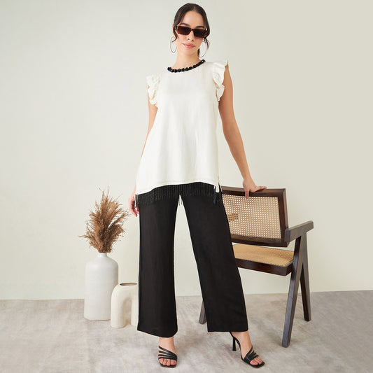 Off White Linen Top with Bead Lace