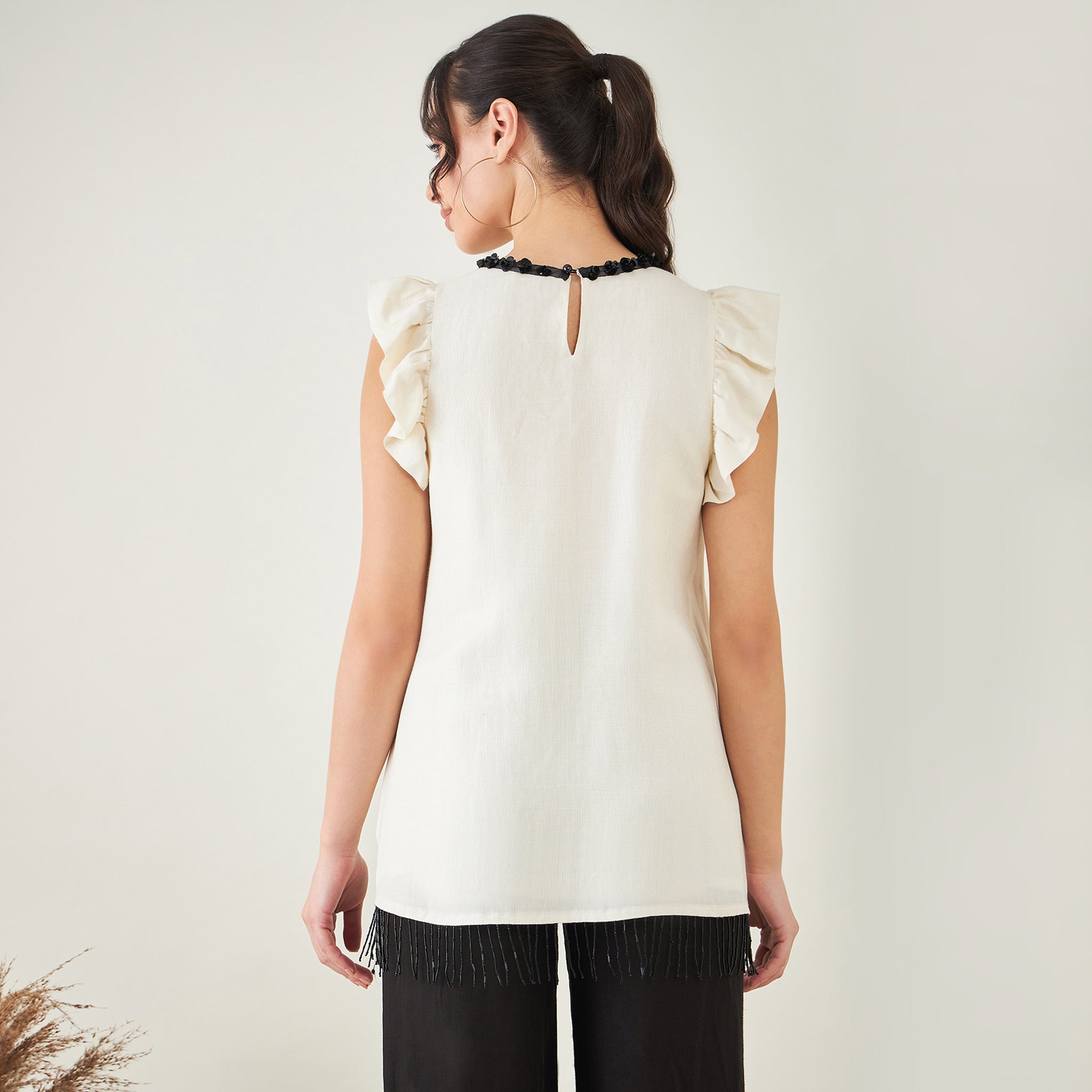 Off White Linen Top with Bead Lace
