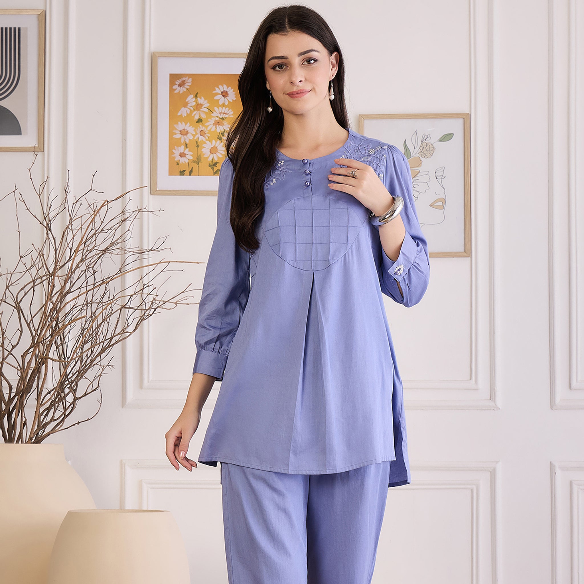 Mountain Blue Pintuck Hand Embroidered Top – AGASHE