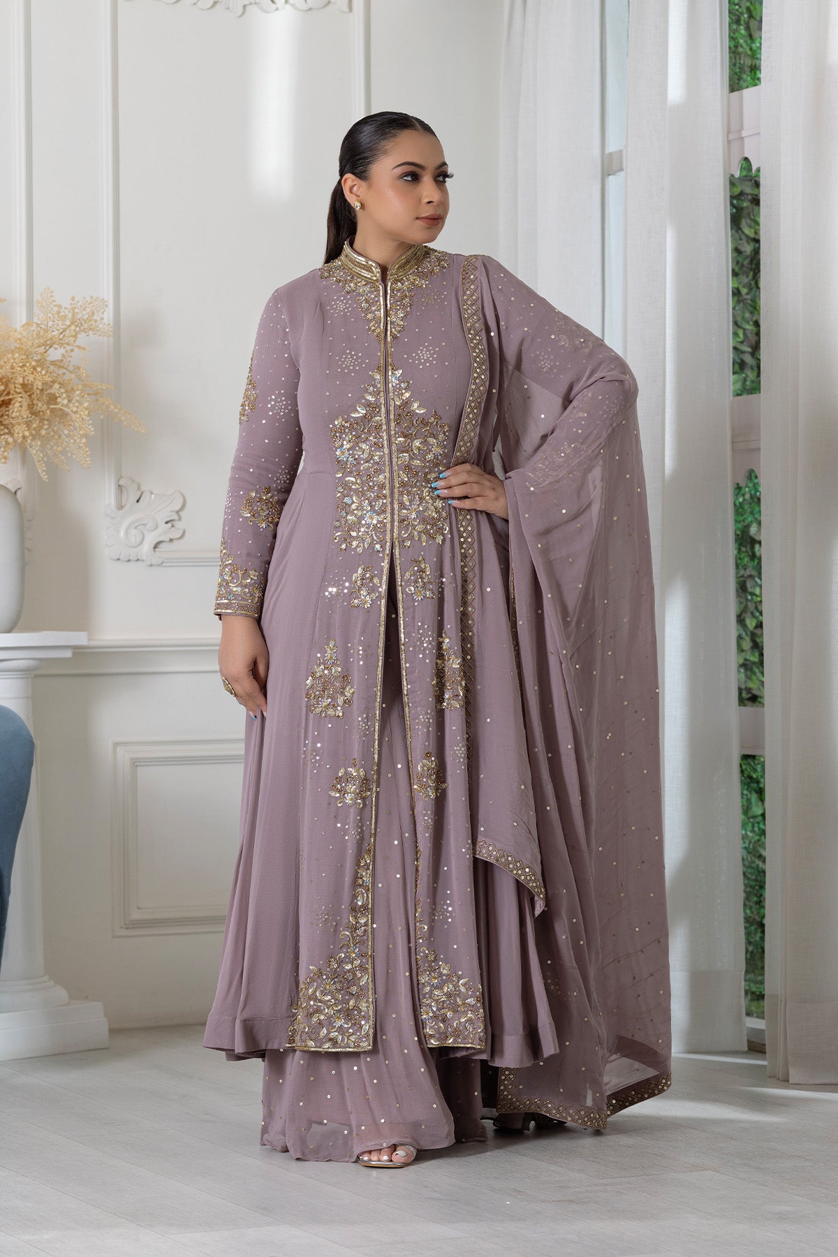 Mauve Embroidered Long Shirt With Sharara Set