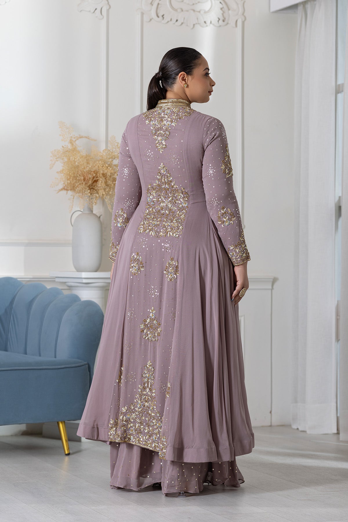 Mauve Embroidered Long Shirt With Sharara Set