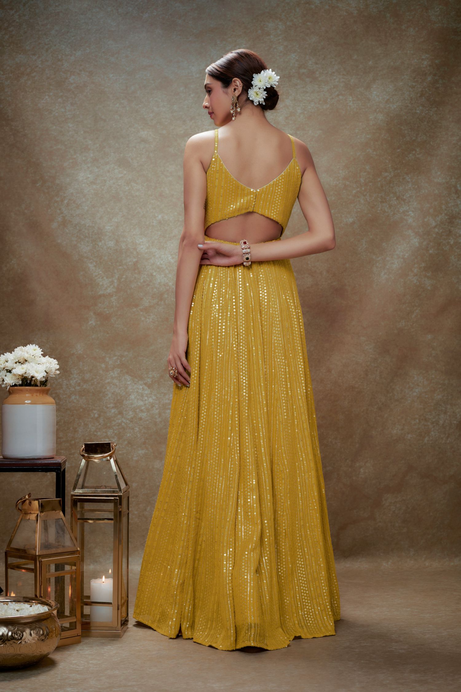 Tulip Haldi & Gold Sequin Anarkali Gown AGASHE Tulip Haldi & Gold Sequin Anarkali Gown AGASHE