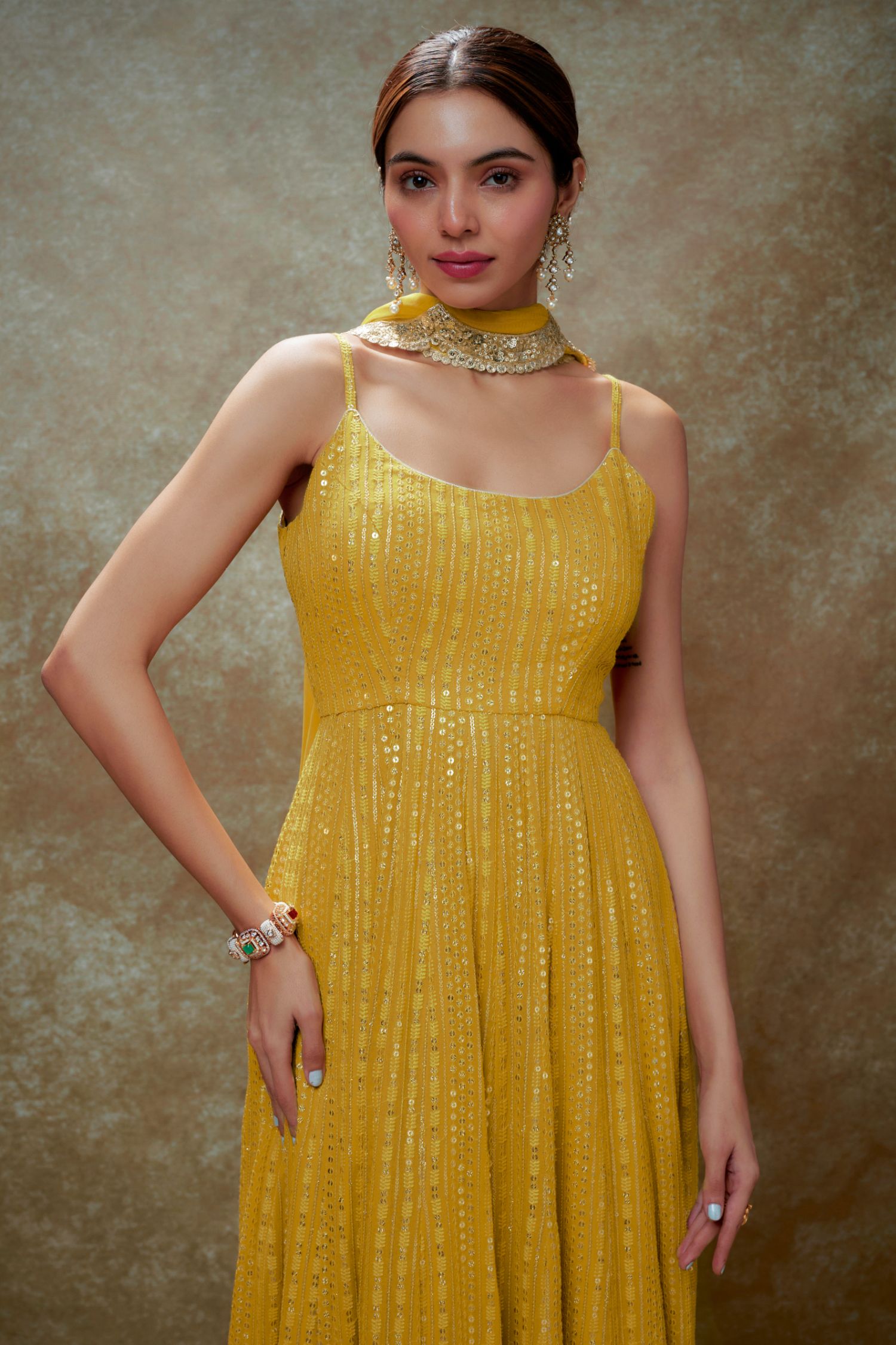 Tulip Haldi & Gold Sequin Anarkali Gown AGASHE Tulip Haldi & Gold Sequin Anarkali Gown AGASHE