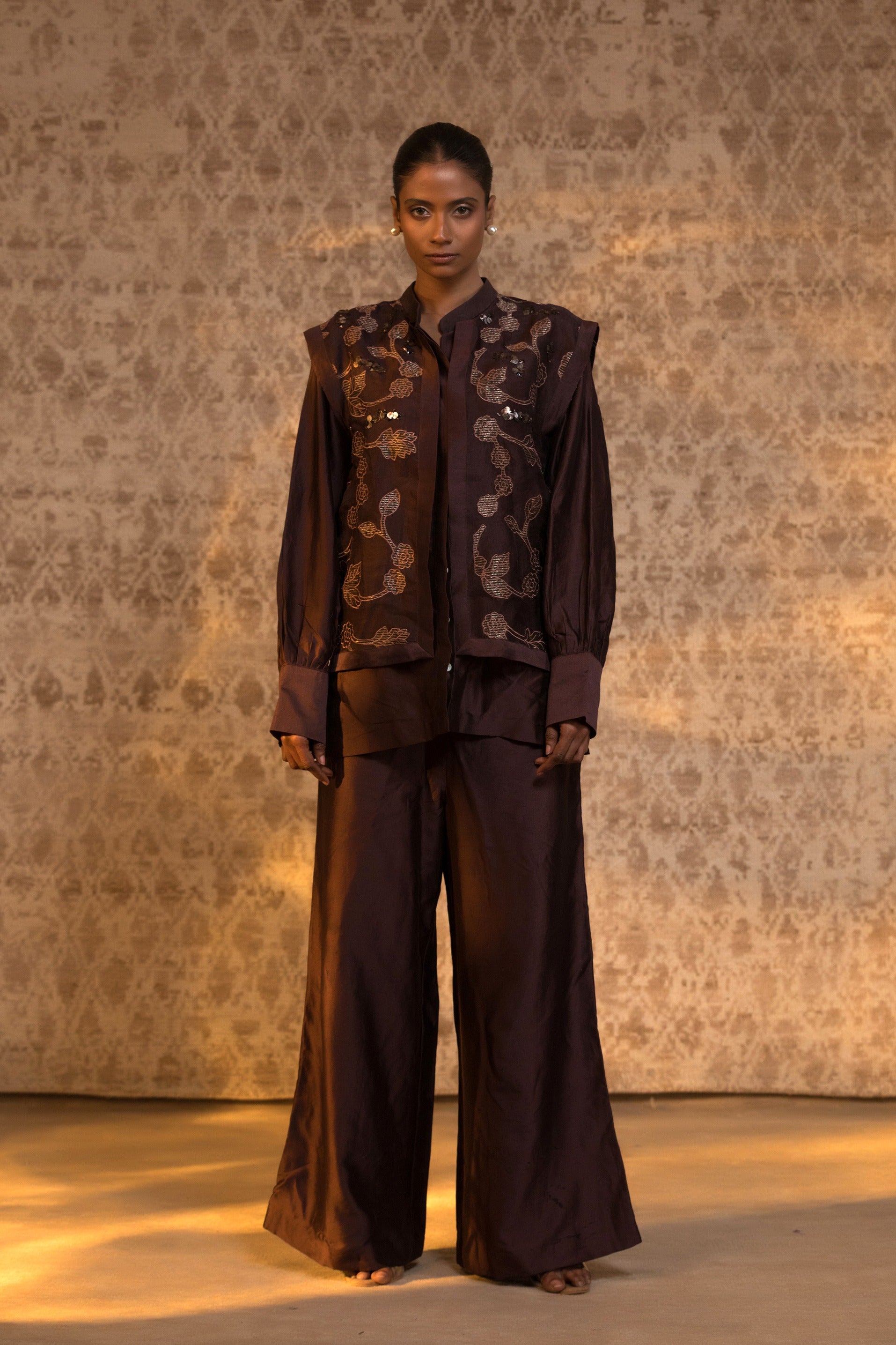 Taral Pure Organza Jacket Style CoordSet - Brown
