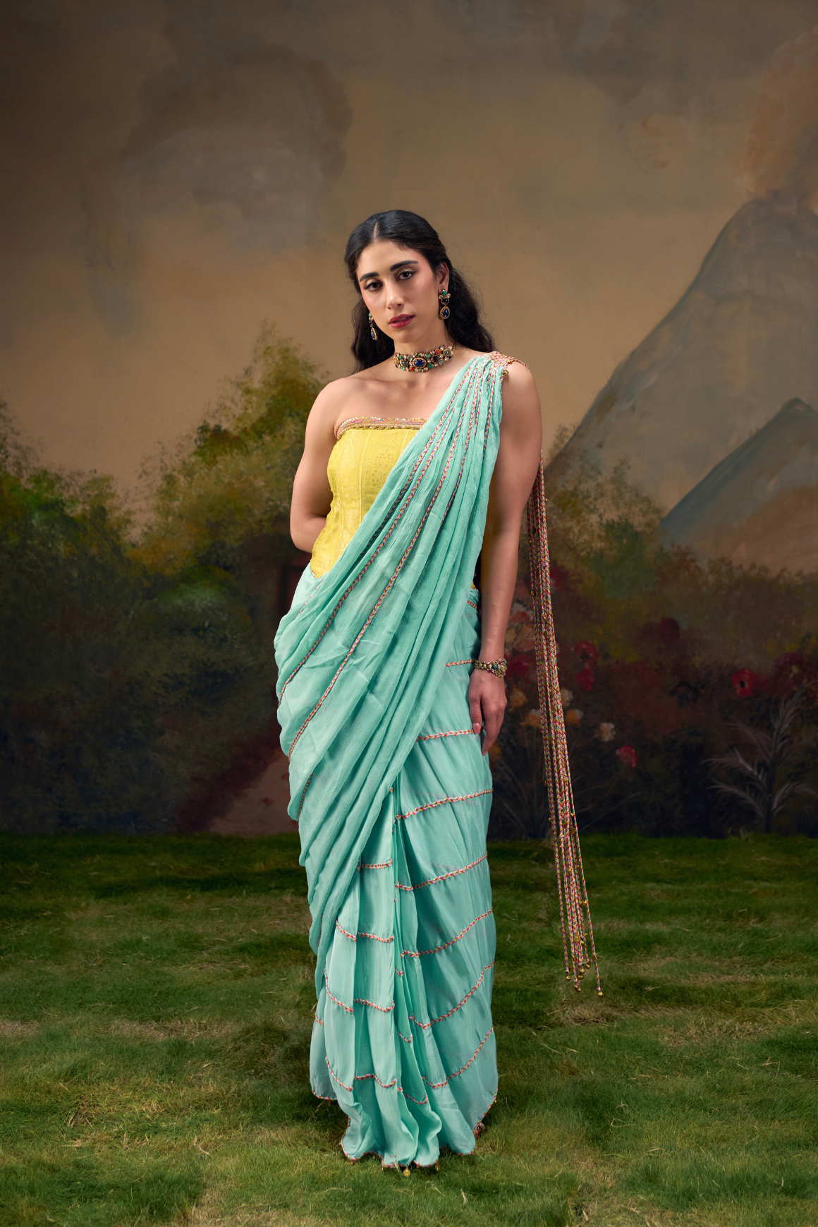 Naad Sindhu- Aqua Blue Pre-stiched Saree with Corset