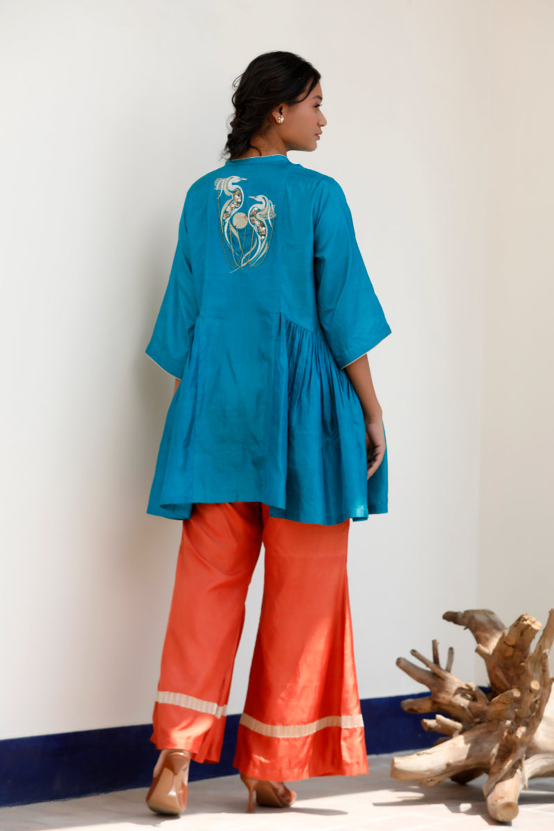 Tinka Orange Pure Silk Embroidered Flared Pant Set