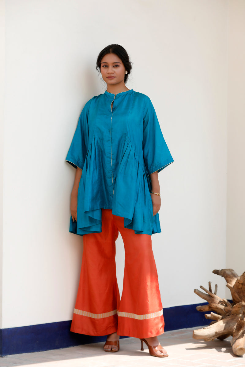 Tinka Orange Pure Silk Embroidered Flared Pant Set