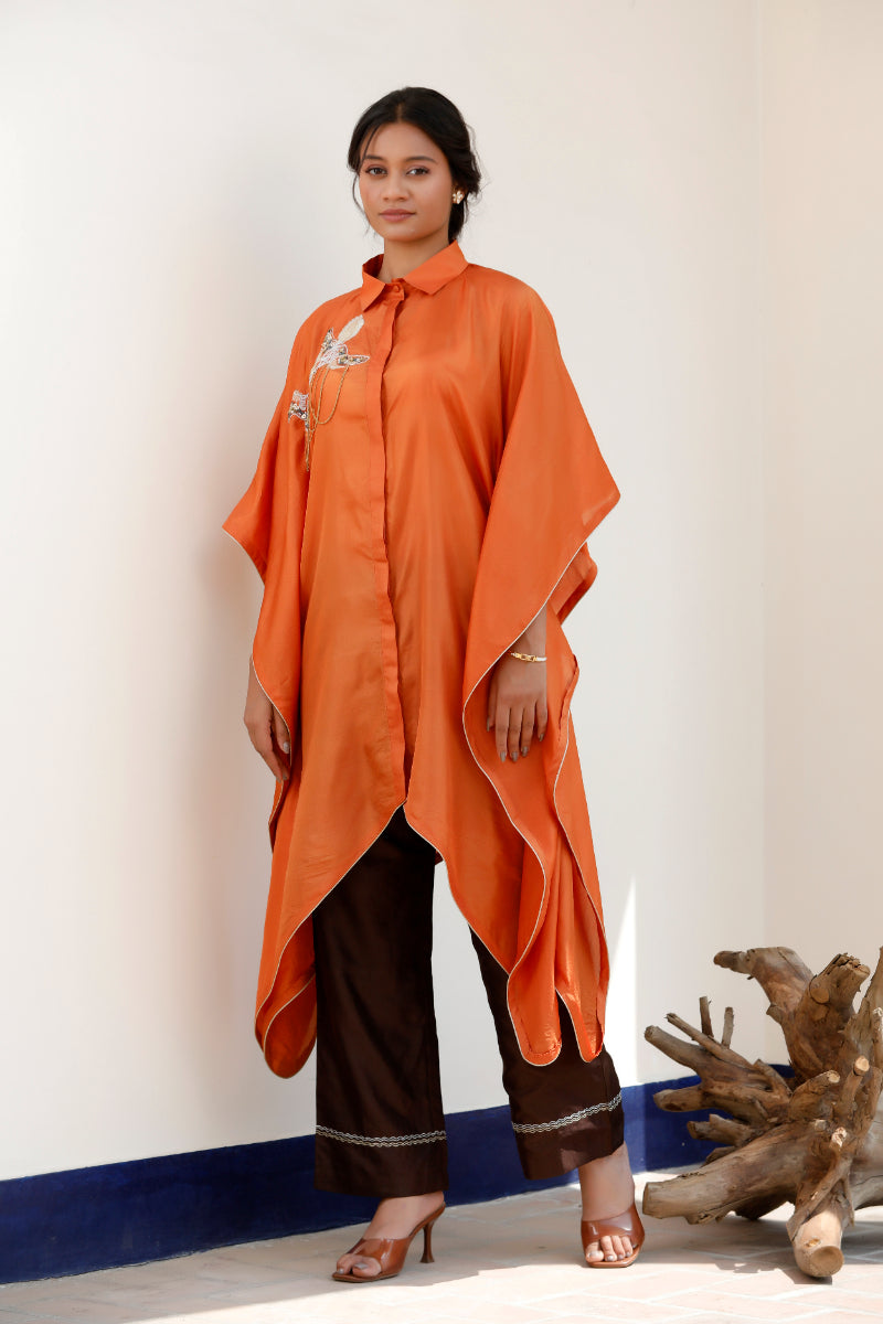 Tinka Orange Pure Silk Embroidered Kaftan Kurta Set