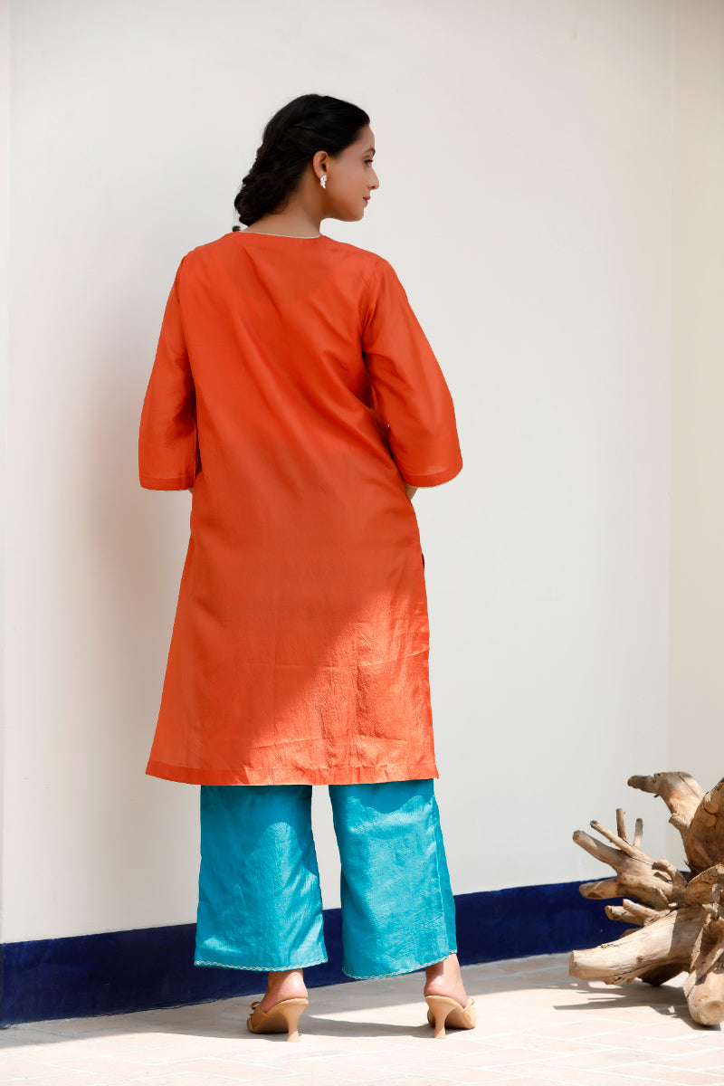 Tinka Orange Pure Silk Embroidered A-Line Kurta Set