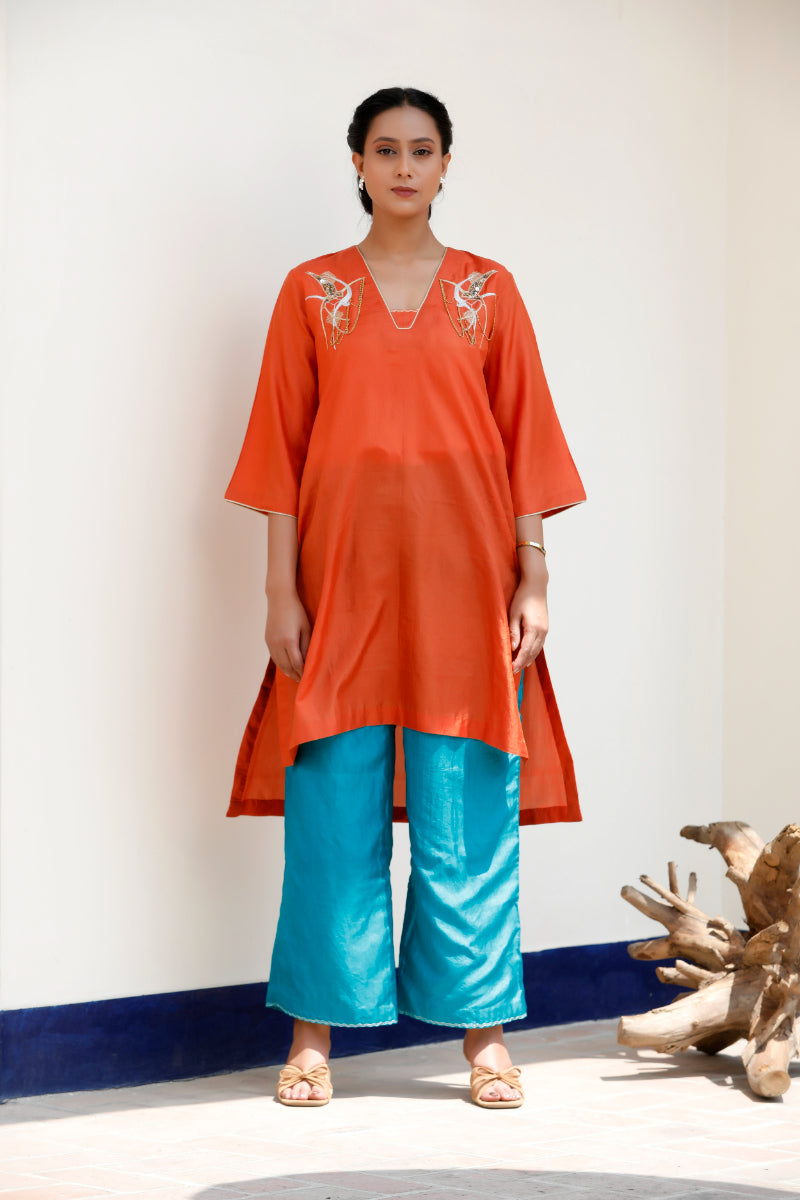 Tinka Orange Pure Silk Embroidered A-Line Kurta Set