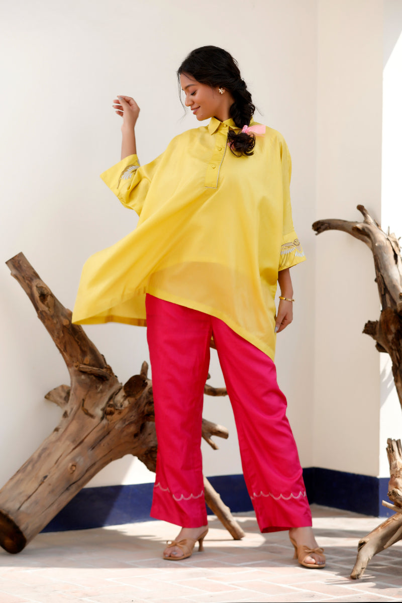 Tinka Yellow Pure Silk Embroidered Kaftan Kurta Set