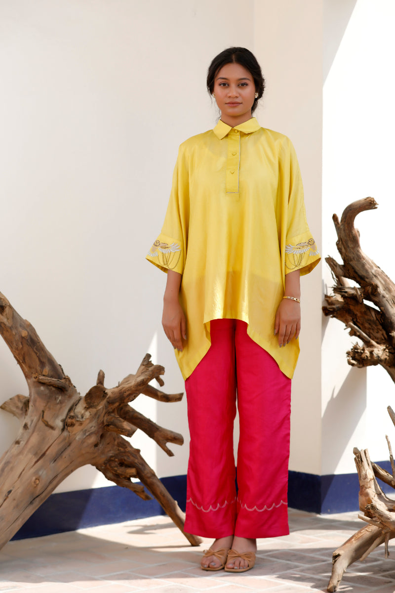 Tinka Yellow Pure Silk Embroidered Kaftan Kurta Set