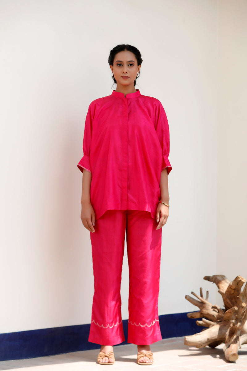 Tinka Pink Pure Silk Embroidered Short Kurta Set