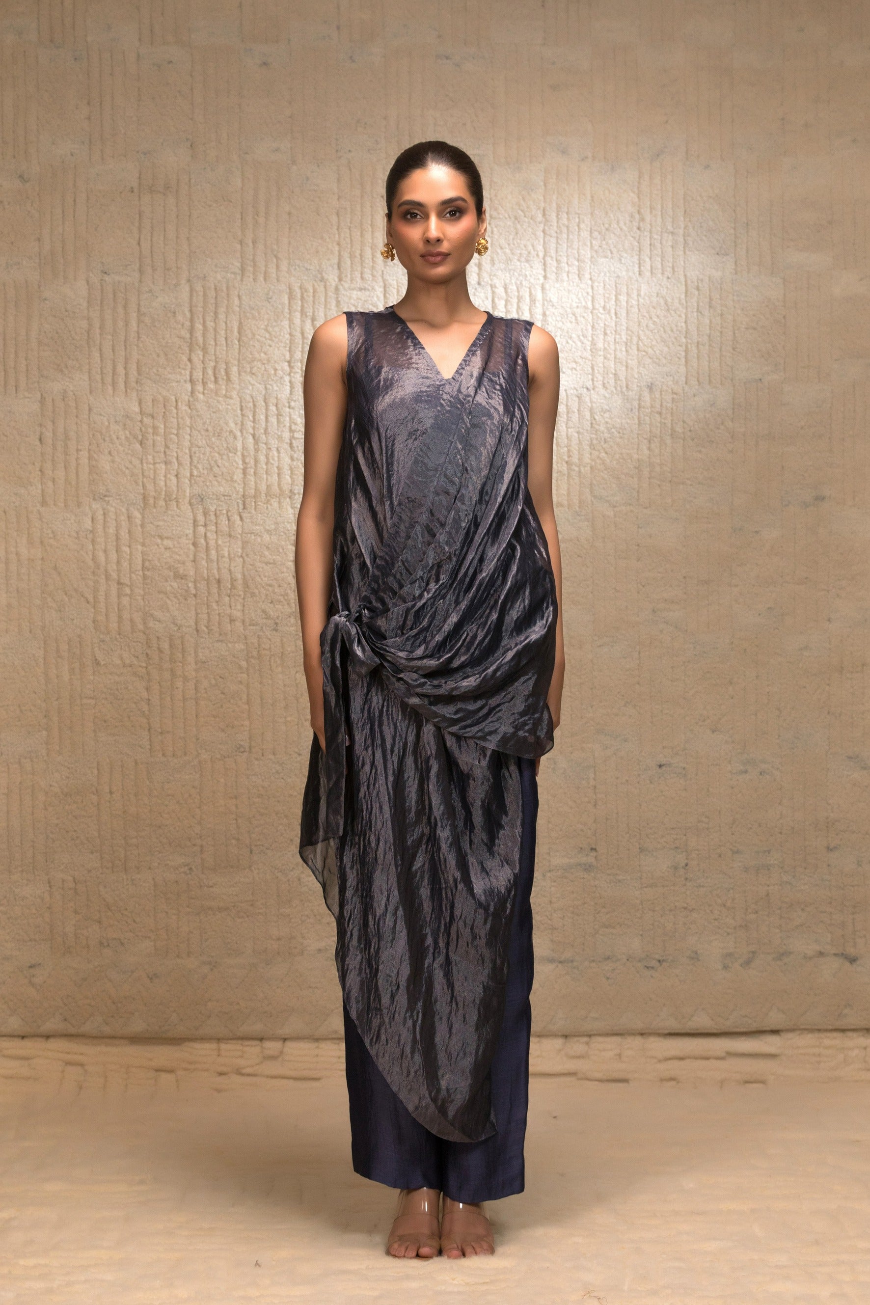 Eeda Tissue Draped Co-ord Set with High-Low Top - Blue