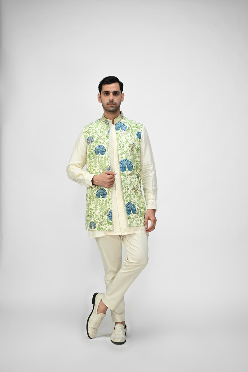 Peacock Printed Highlighted Half Jacket Set