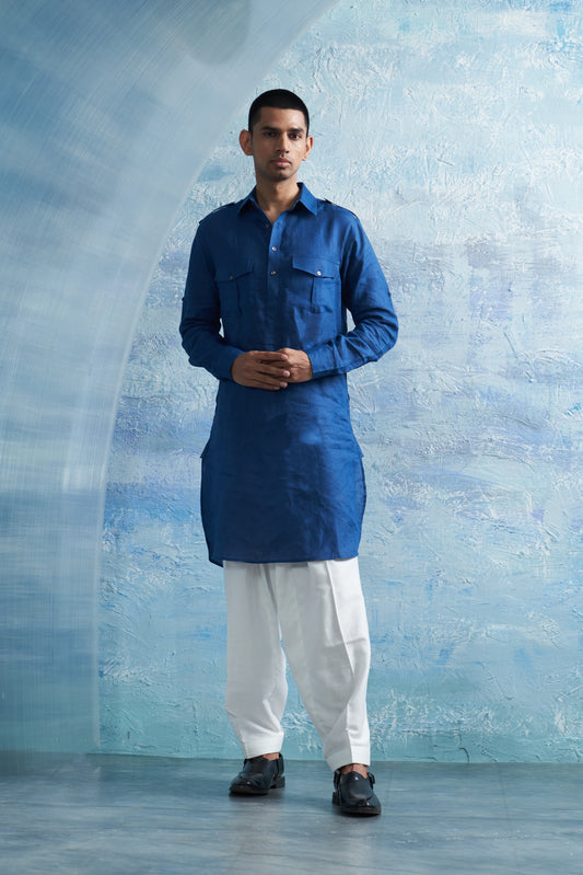 Royal Blue Linen Pathani with White Salwar