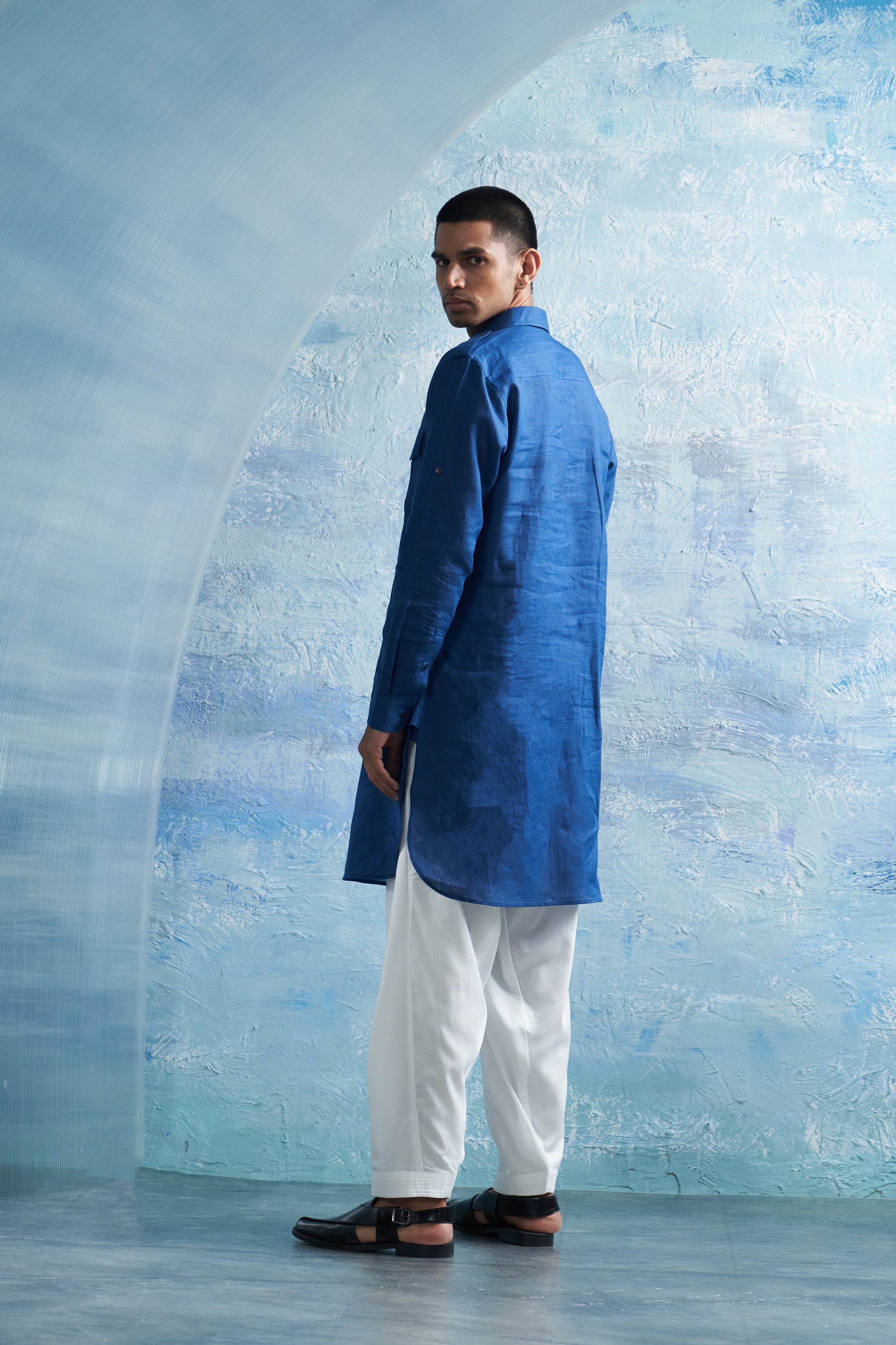 Royal Blue Linen Pathani with White Salwar