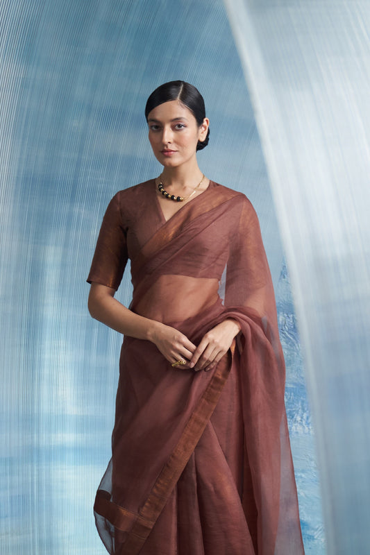 Aura Woody Brown Saree With-Sleeve Blouse
