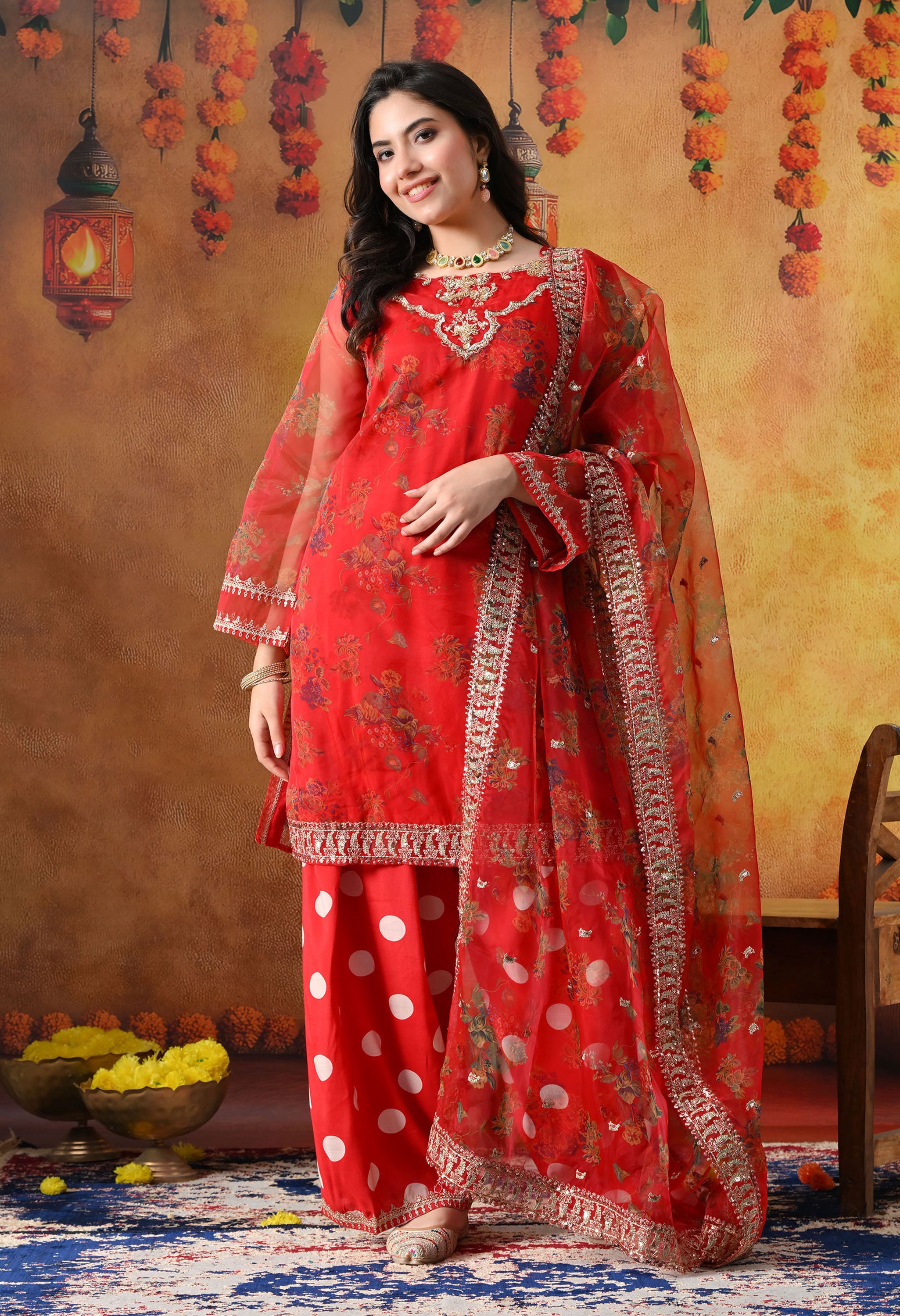 Elegant Red Kurta Set In Organza