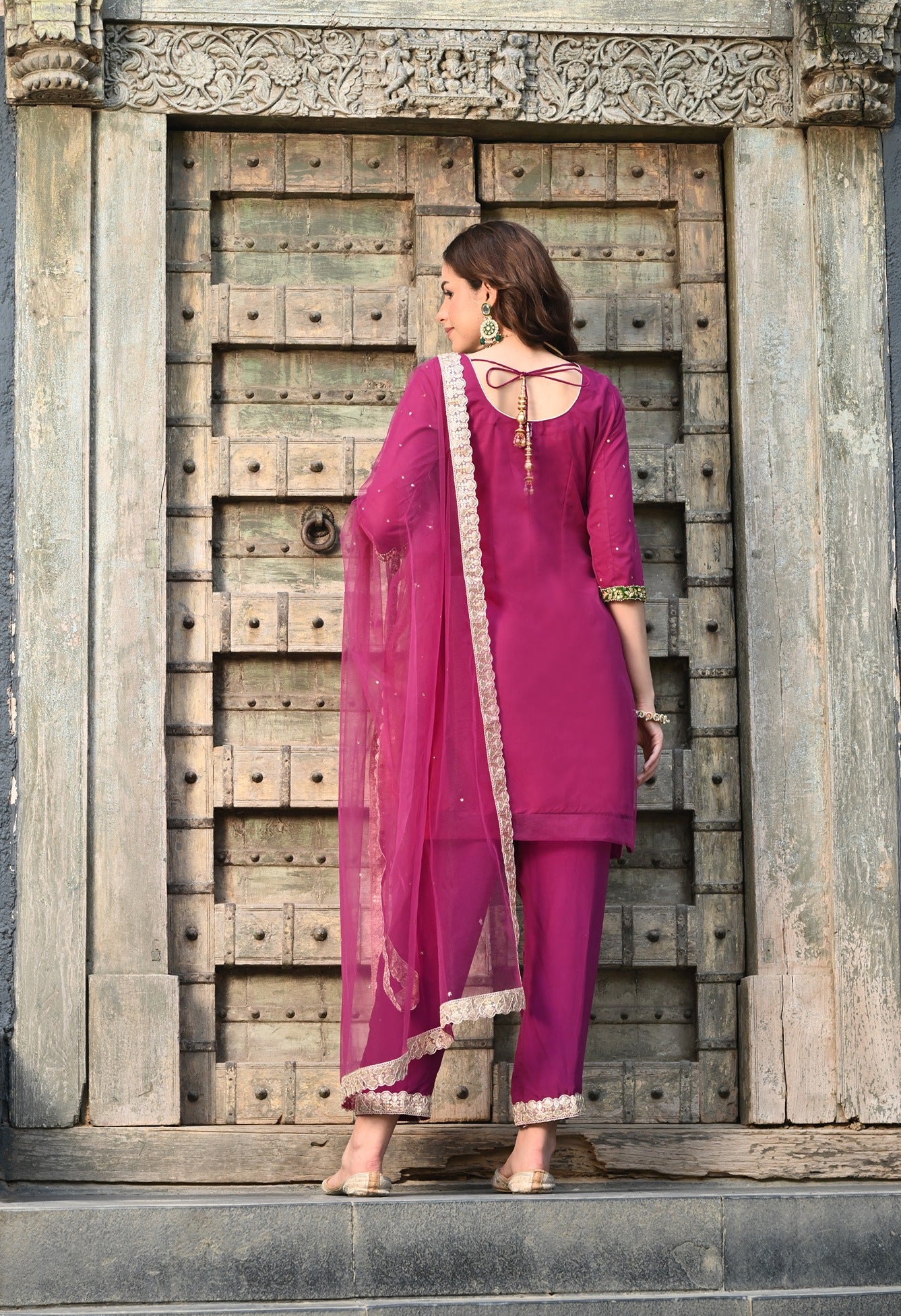 Red Net Kurta Set With Crystal Applique Embroidery