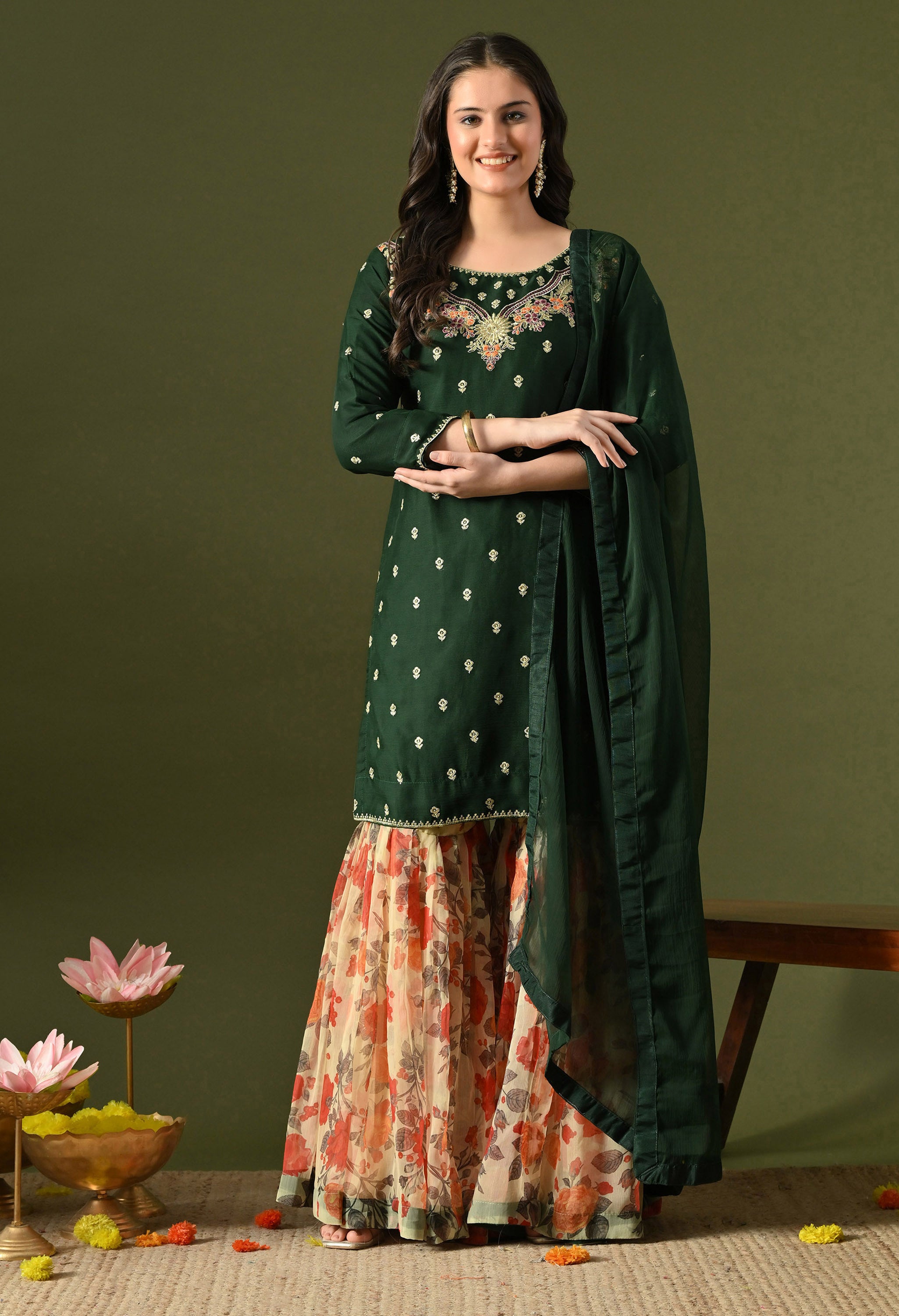 Green Thread Work Sharara Set