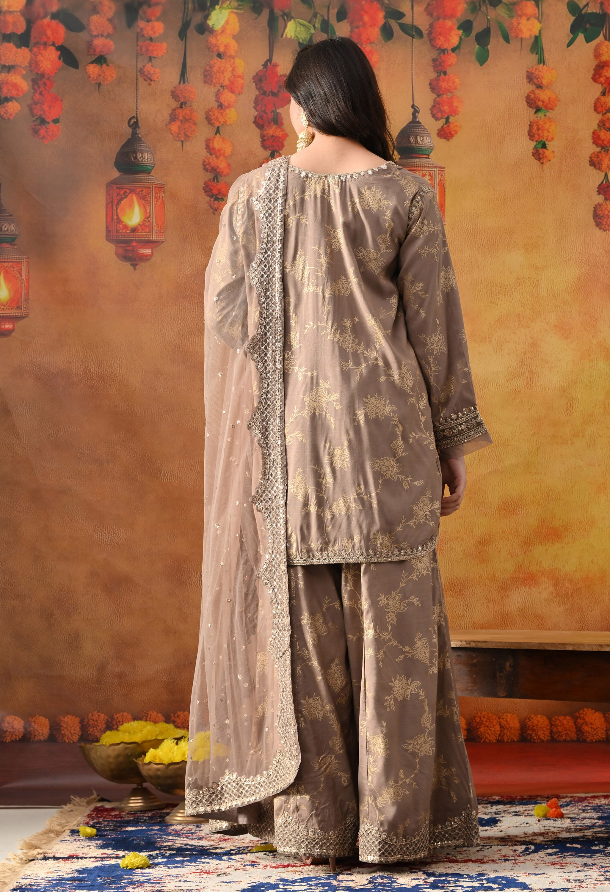 Wood Brown Cotton Silk Sharara Set