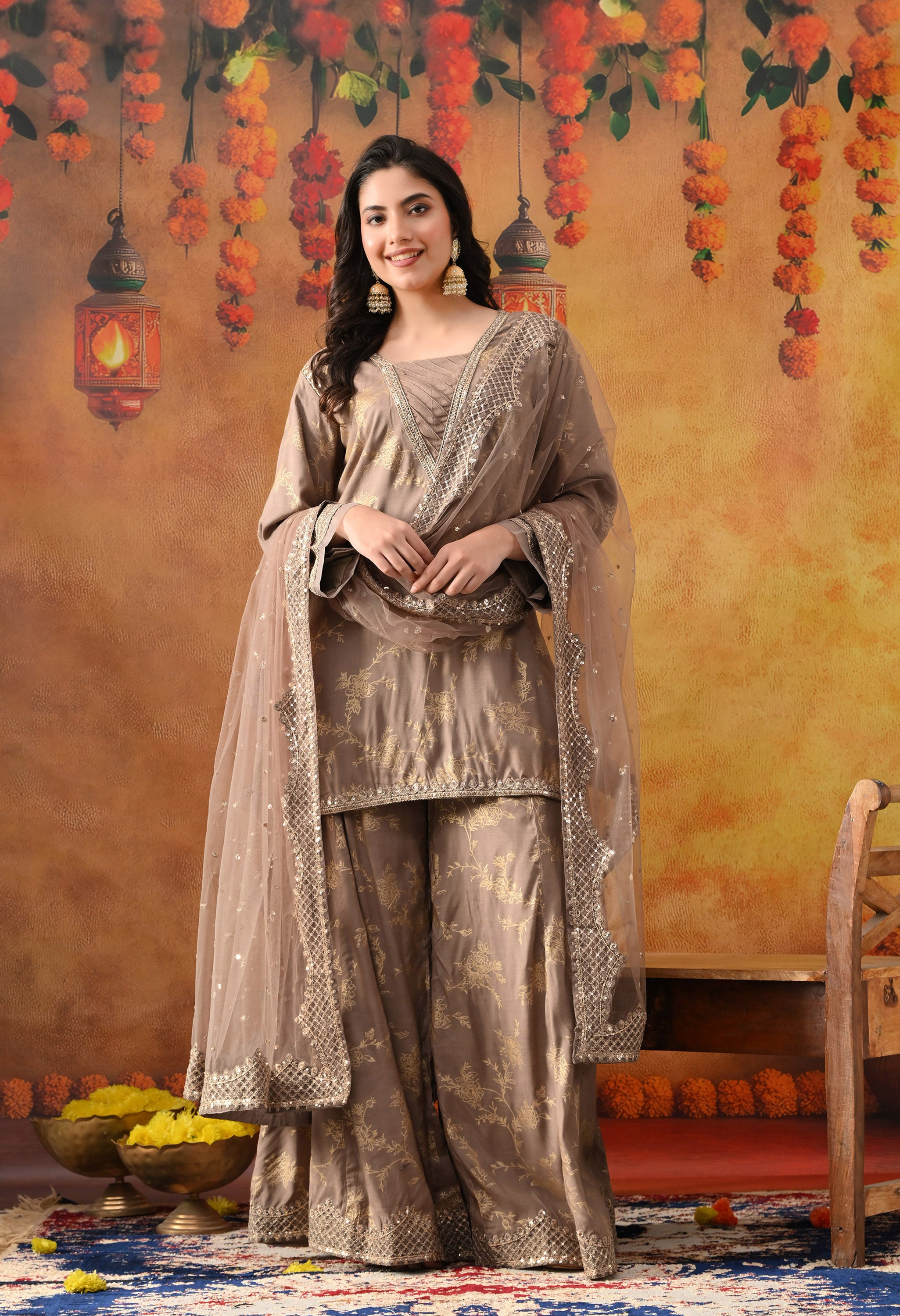 Wood Brown Cotton Silk Sharara Set