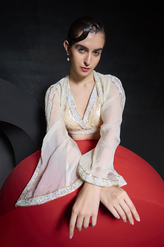 Off White Embroidered Jacket with
  Draped Dhoti Set