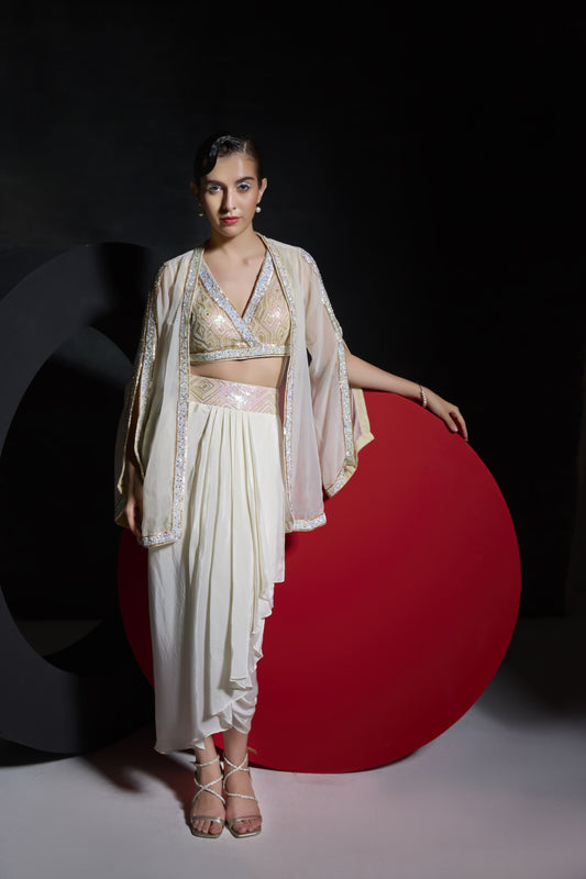 Off White Embroidered Jacket with
  Draped Dhoti Set