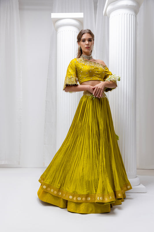 Lime Green Lehanga with Embroidered 
 Off Shoulder Blouse Set