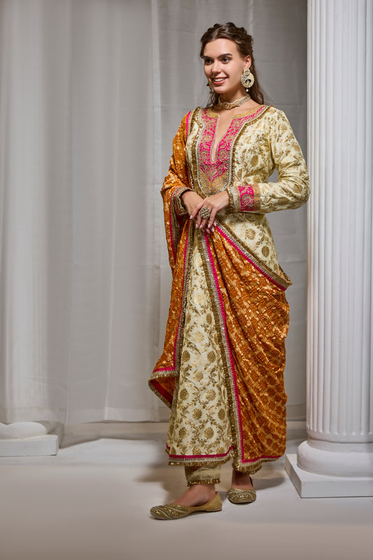 Ivory Banarsi Suit with Bandhani dupatta